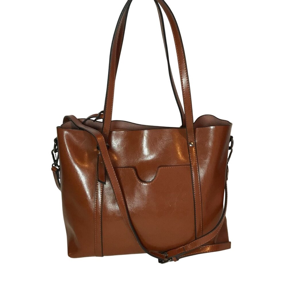 Brown Vegan Leather Crossbody Tote Bag With Shoulder Straps Zip Closure